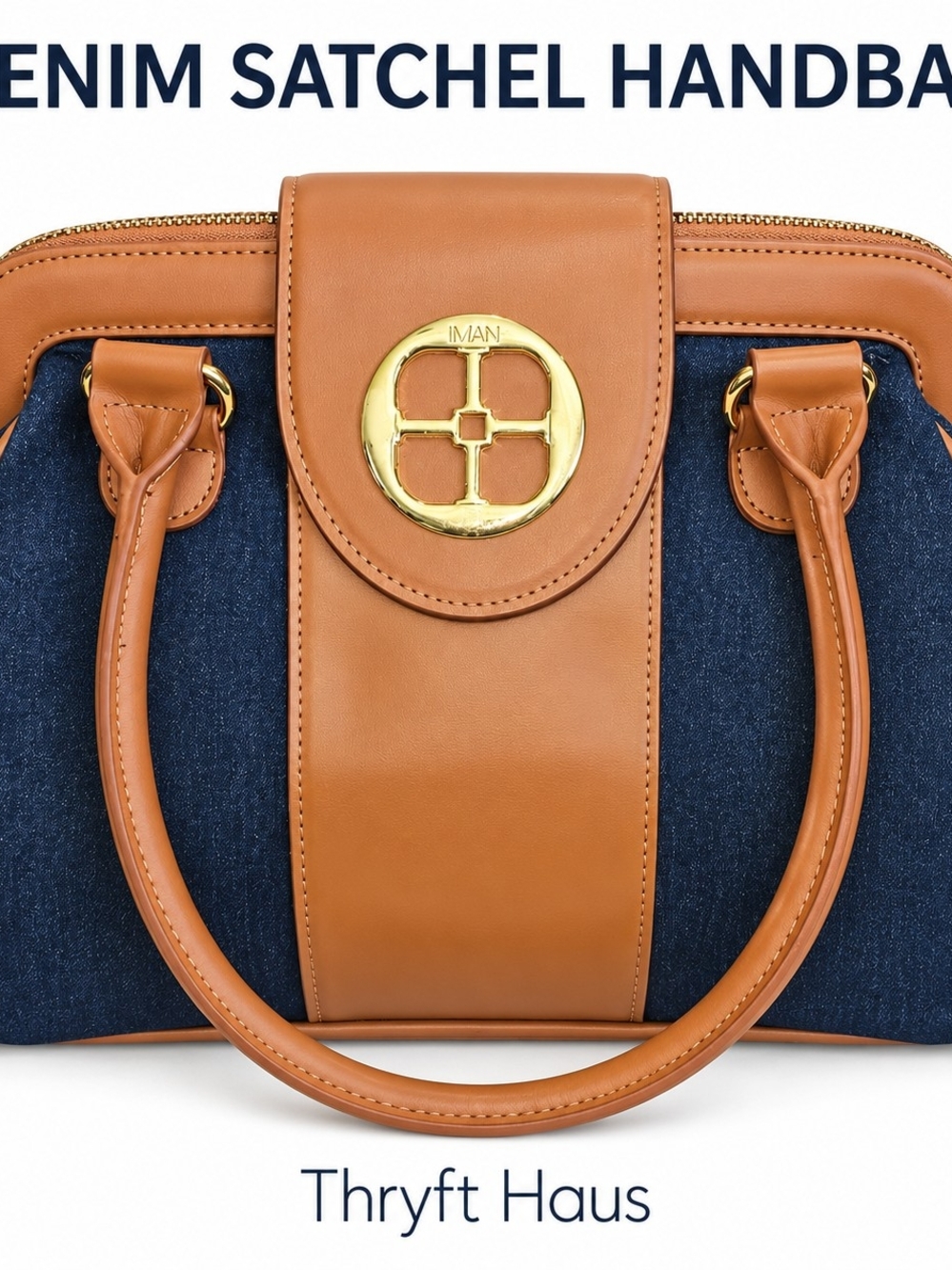 IMAN Global Chic Denim Satchel Handbag Navy Blue Cognac Tan Gold Medallion
